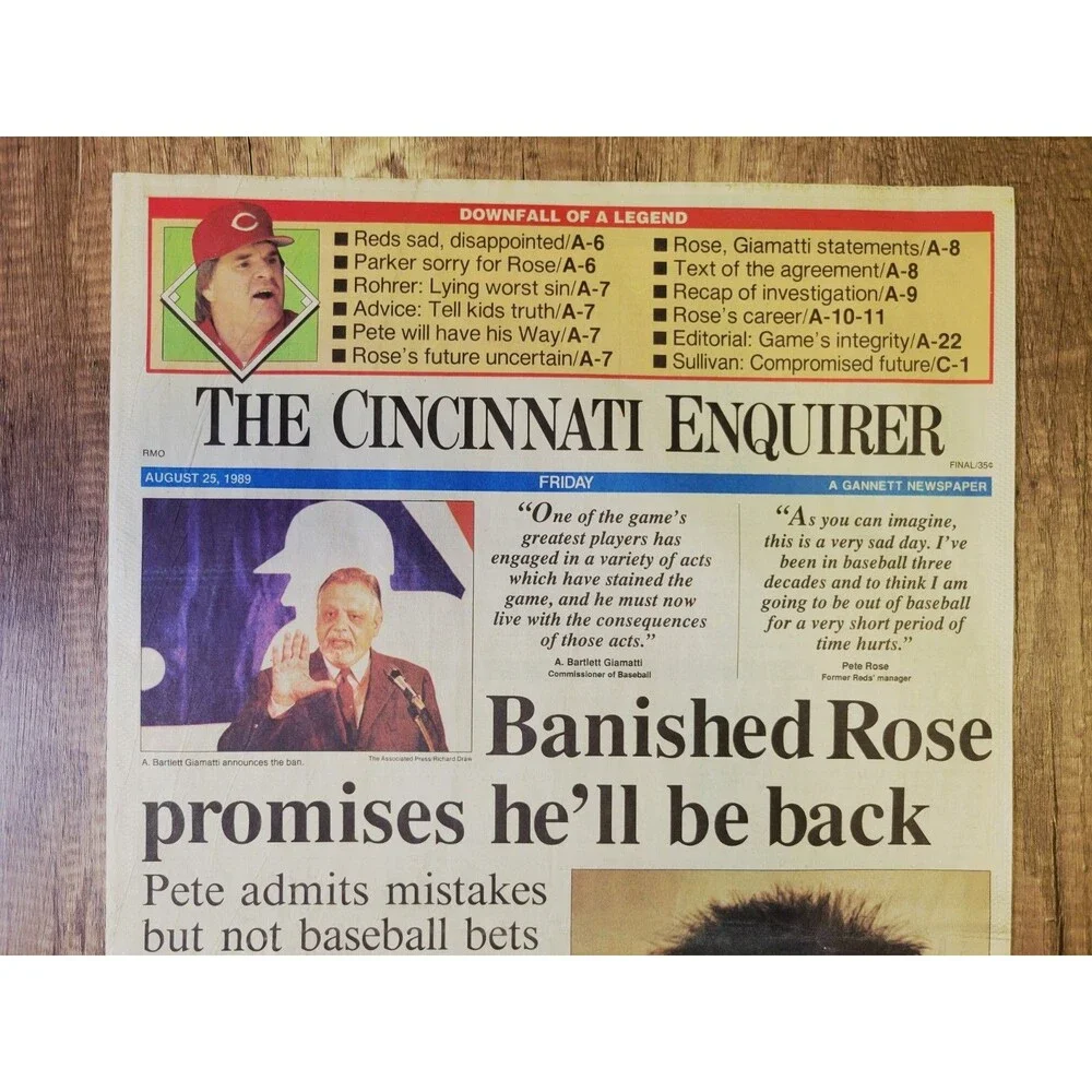 1989 Aug: Cincinnati Enquirer MLB Baseball - Reds Pete Rose Suspended/Banished!